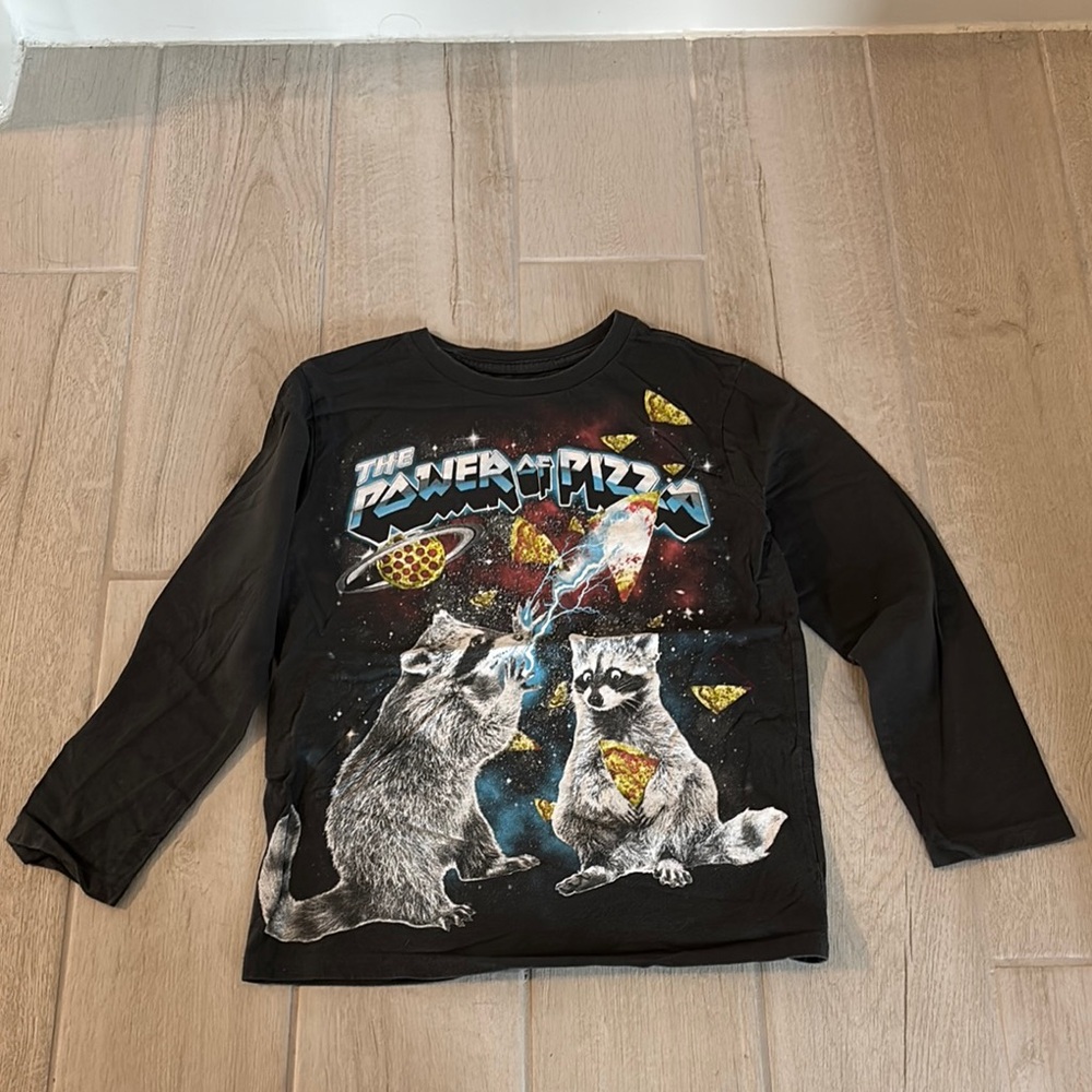 Place Black Long Sleeve Tee with Raccoon and Pizza Print